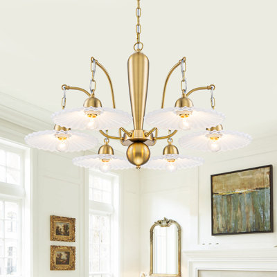 32.28" 6-Light Modern Mid-Century Brushed Gold Chandelier with Ribbed White Glass Shades for Dining Room Kitchen Island Living Room