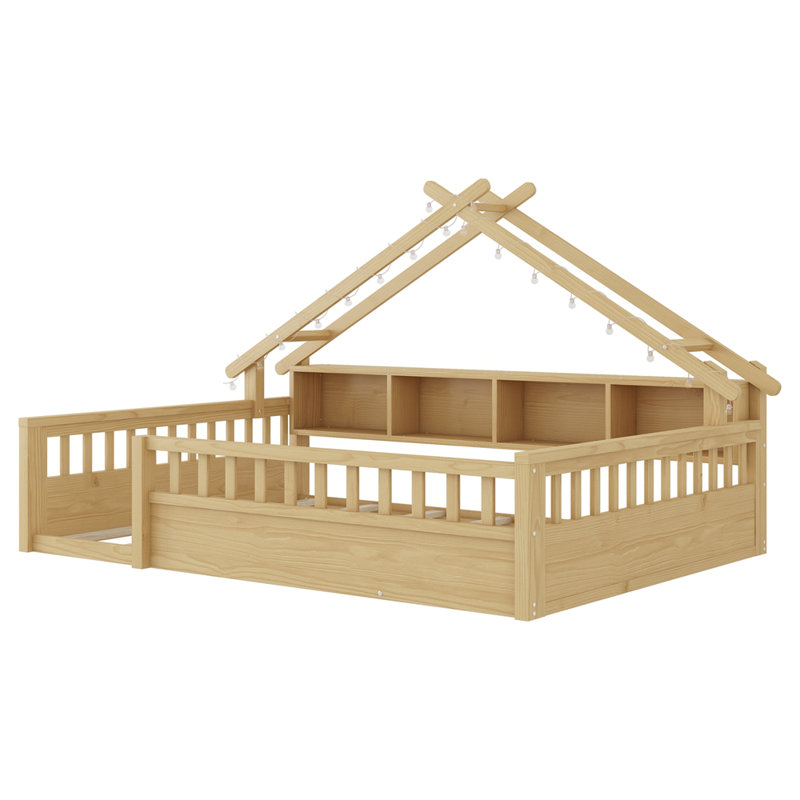 Lit en bois avec tablettes de rangement, Natural, Full