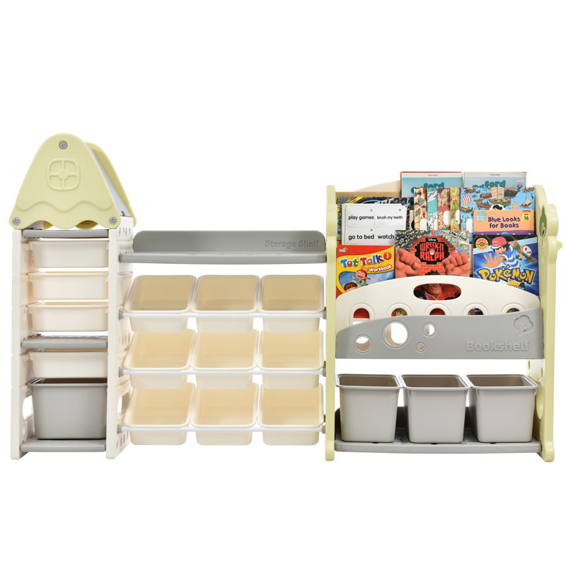Kids Bookshelf Toy Storage Organizer With 17 Bins And 5 Bookshelves,Multi-functional Nursery Organizer Kids Furniture Set Toy Storage Cabinet Unit with HDPE Shelf and Bins