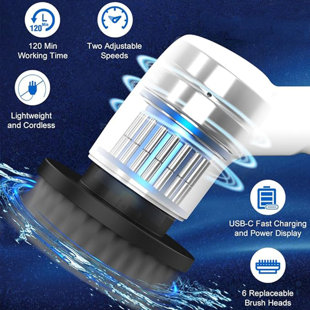 Autolaveuse électrique, brosse de douche pour nettoyer avec 6 têtes de brosse remplaçables, brosse électrique avec poignée réglable pour carrelage de baignoire