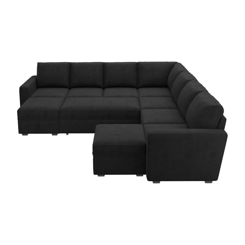 Canapé-lit modulaire avec repose-pieds Caren, Velours noir