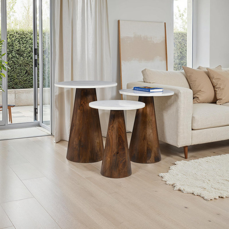 Topher Marble Top Three Pack Solid Wood Accent Table Set, Dark Brown
