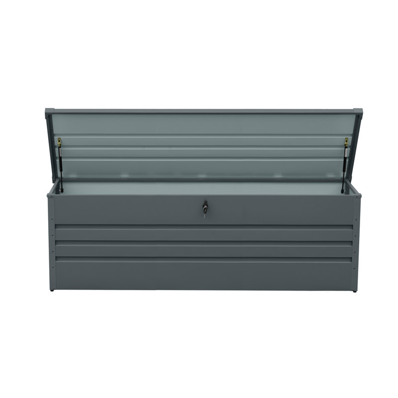 Boîte de terrasse en métal pour le patio de 260 gallons - imperméable et verrouillable. Rangez les coussins, les accessoires de piscine et les outils de jardin. Gris foncé Par temps variable. Option d'accessibilité pour l'utilisateur. Fonction de table polyvalente. Facile