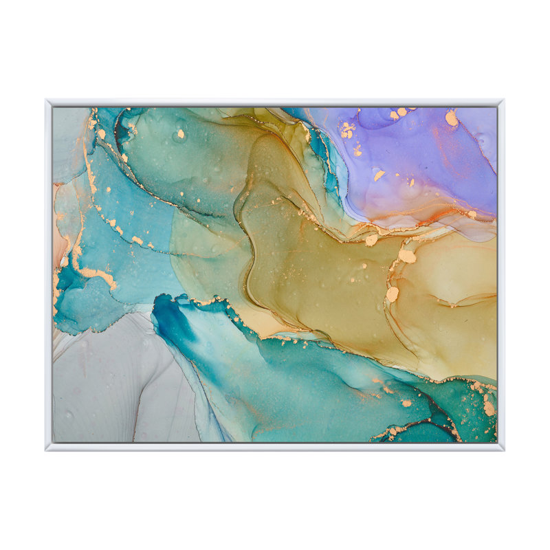 «Green and Blue Tender Liquid Art III», reproduction sur toile, H 24 po x l 32 po, Cadre flottant blanc