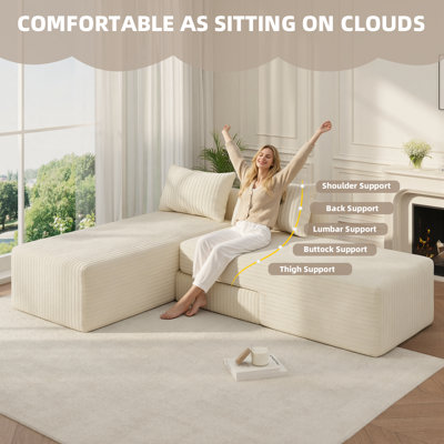 Convertible Boneless Couch 4‑in‑1 Modular Sectional with Adjustable Chaise & Deep Seat, Upholstered, Includes 2 Pillows, No Assembly, Beige