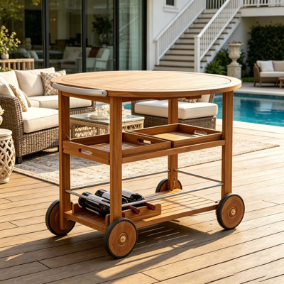 Outdoor Acacia Wood Bar Cart with Foldable Tabletop & Removable Trays
