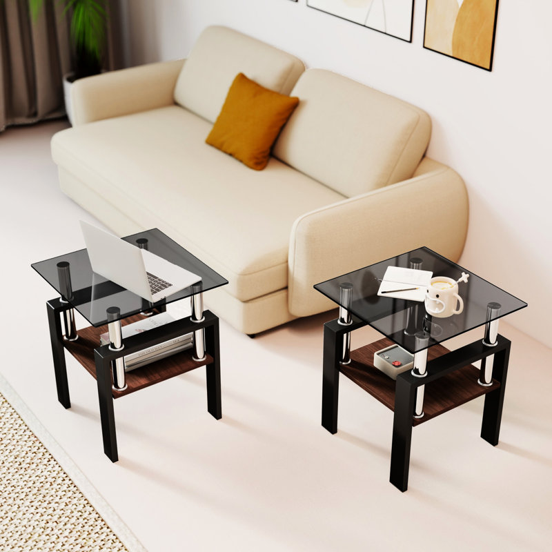 De 2 tables en verre trempé noir avec, une table basse carrée et une extrémité pour les espaces de vie, L 17,57 po x l 17,57 po x H 20,5 po, tables de structure, couche inférieure, table, chambre à coucher, pièce, capacité de chargement