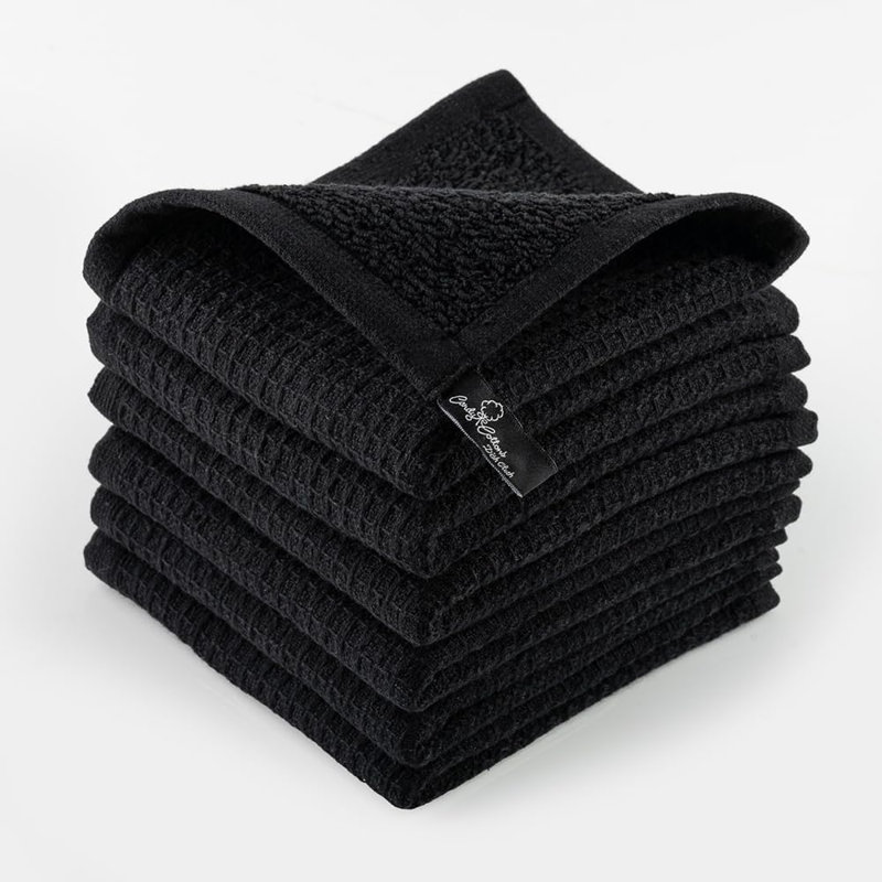 Kitchen Cleaning Dish Wash Cloths Waffle Terry Design Kitchen DishCloths|Washable 12x12 Cotton Dish Rags for Drying Dishes|Counter Top Barista Dust Wipes|Spring Easter Basket Decor| 6 Pc Set-Black