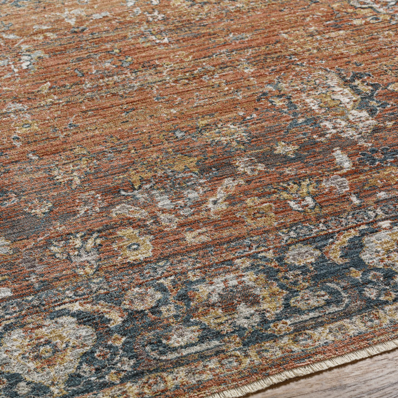 Everly Oriental Machine Made Power Loomed Polyester Area Rug in Rust/Navy, Runner 2'11" x 10'