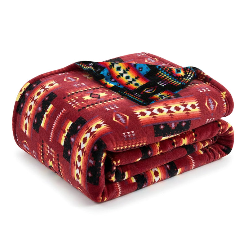 Plush Western Fleece Blanket, Double Sided, 79" W x 95" L, Burgundy Geometric