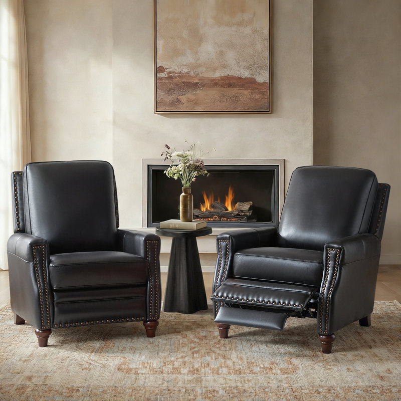 Andrena 34" W Top Grain Leather Recliner with Nailhead Trim (Set of 2) , Genuine Leather Black