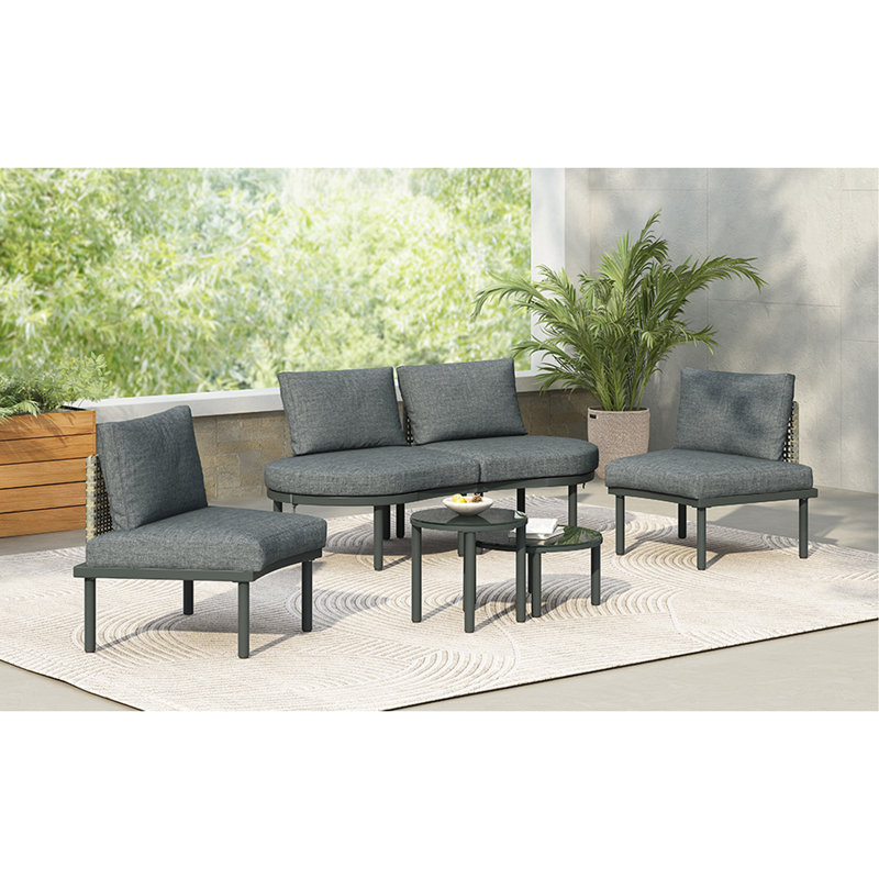 6-Piece Patio Sofa Furniture Set, Half Moon Outdoor Sectional Sofa With 2 High-Low Coffee Tables, PE Wicker Rattan, Tempered Glass, 4 Pillows & Cushions, For Backyard, Garden, Poolside,Gray
