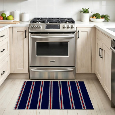 Blue Machine Washable,Stripe with Navy Red and Grey Abstract Indoor Area Rug