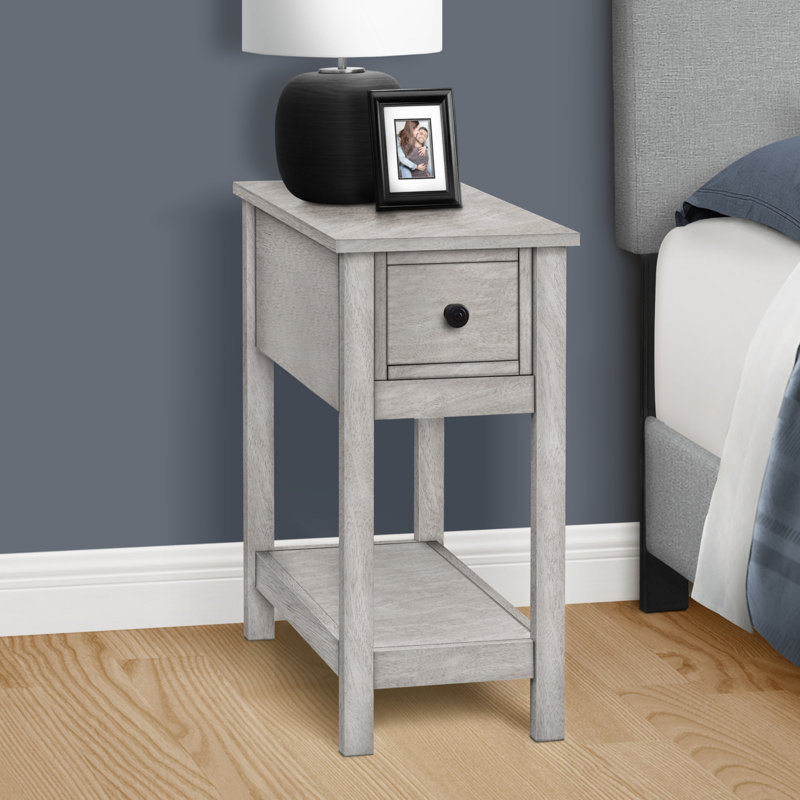 Accent Table, End, Side Table, 2 Tier, Narrow, Bedroom, Lamp, Storage Drawer, Grey/Grey