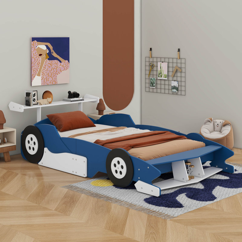Race Car-Shaped Platform Bed With Wheels, Blue, Full / Double
