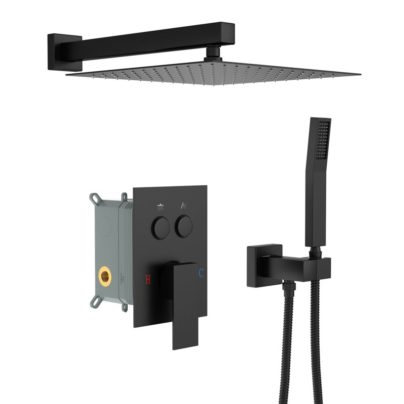 Tête de douche murale carrée double noire matte de 12 pouces avec - valve équilibrée, expérience de pluie, rotation à 360 °, et système portatif pour les besoins adaptables, échaudure, tête ultra mince, réglable,