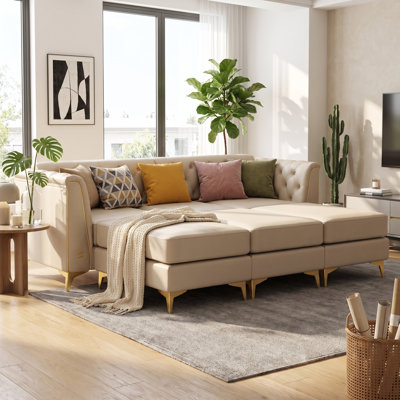 81.5" Light Luxury Chesterfield Sofa with 3 Ottomans, 3-Seater Faux Leather Couch with Button Tufting, Metal Trim Arms & Tapered Legs, Includes 3 Pillows for Living Room