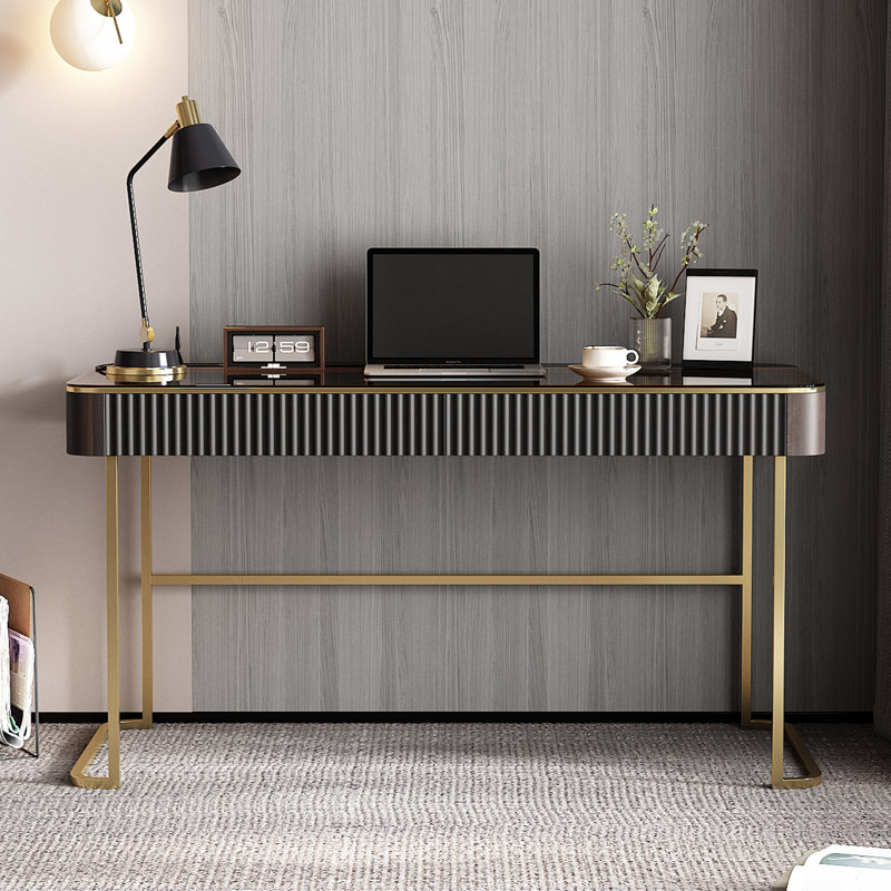 High-quality Home Office Desk,Power Outlet, Glass Top,Very easy to assemble, Black/Gold, 29.50“ H x 50” W x 23" D