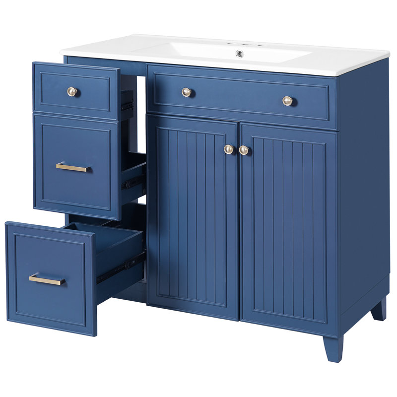 Meuble-lavabo moderne 36 po avec poignées corrosives, tiroirs de rangement intelligents et tablettes réglables Instructions d'assemblage faciles, tablette, tiroir standard