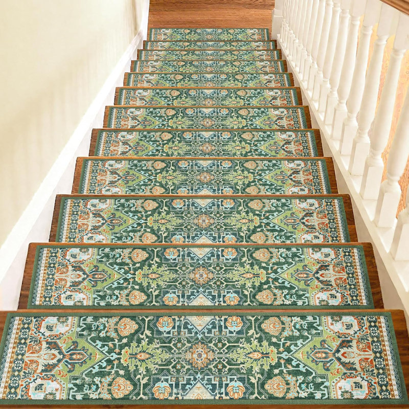 Tapis d'escalier antidérapant pour marche en bois d'intérieur, vert, 15 pièces, 30 po x 8 po, tapis moelleux