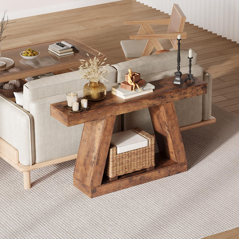 55" Farmhouse Console Table, 2-Tier Wooden Trapezium Sofa Table with Open Shelf, Rustic Entryway Table, Brown