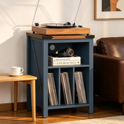 Support pour tourne-disque avec rangement pour disques vinyles, armoire à plateau tournant en bois bleu marine pouvant contenir jusqu'à 160 albums, tablette polyvalente pour le salon, la chambre à coucher et le bureau