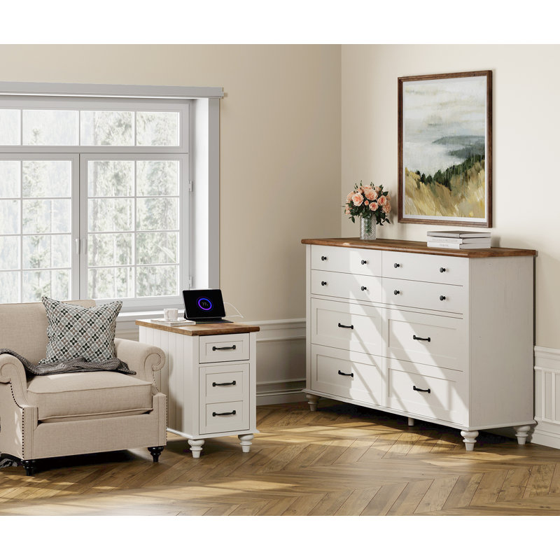 Ensemble de chambre à coucher 2 pièces WAMPAT - Comprend une commode 8 tiroirs Mid Century, une table d'appoint avec station de charge et armoire de rangement, une commode 2 pièces et une table de chevet