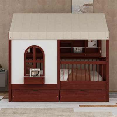 Full Size House Bed With 2 Large Drawers, Side Bookshelf With LED Strip