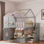 Lit superposé en bois avec escalier de rangement, plateformes de rangement ouvertes, tablette supplémentaire, toit, fenêtres mignonnes et porte centrale-503521456