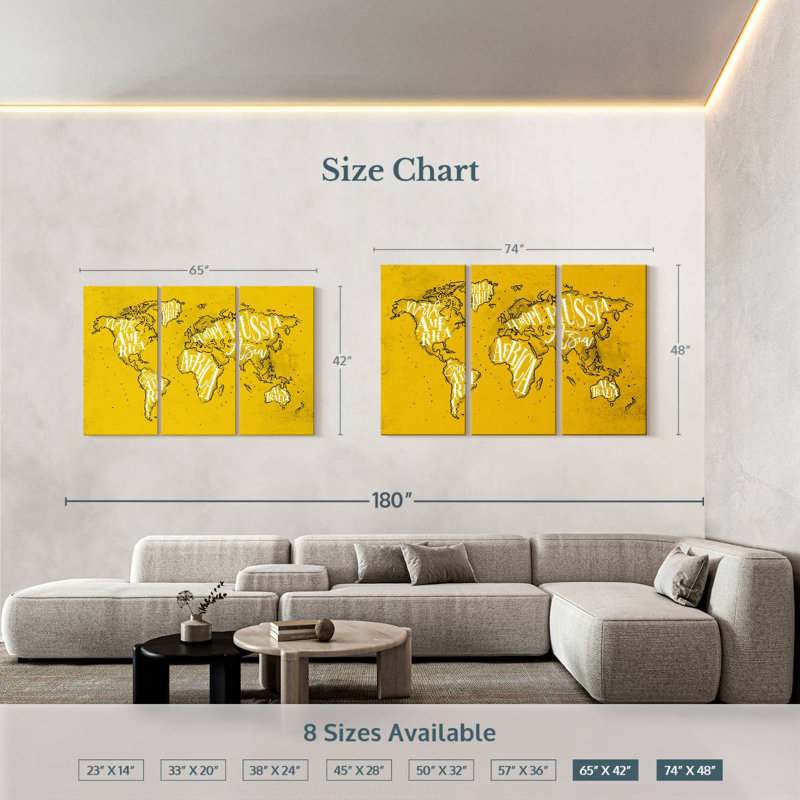Carte du monde jaune Aliaz, H 42 po x l 65 po
