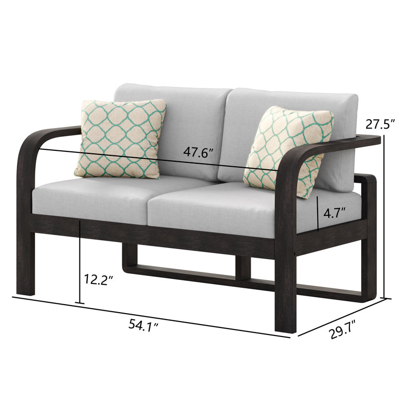Causeuse d'extérieur en bois d'acacia massif avec coussins et coussins Sunbrella, Gris, Cadre espresso brun