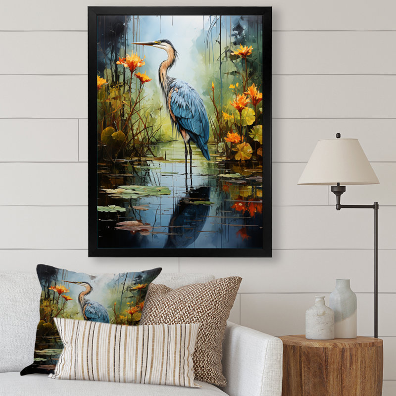 Décoration murale Lason Heron Silent Waters Pointillism I - Heron, Cadre simple noir, H 44 po x l 34 po x P 1,5 po