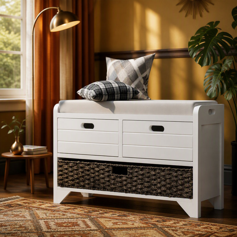Banc de rangement avec panier amovible et 2 tiroirs