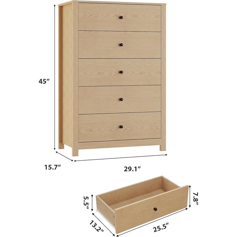 Commode 5 tiroirs pour chambre à coucher, Beige