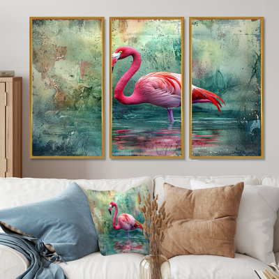 Flamingo In The Lagoon I - Flamingo Wall Art - 3 Panels