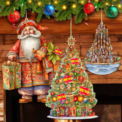 3 Piece Spanish-Inspired Santa Wooden Ornaments