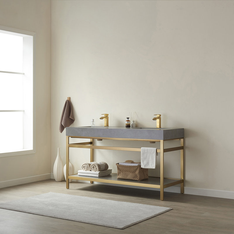 Ensemble de meuble-lavabo double 60 po Funes, Blanc montagne enneigée, Or brossé, Or brossé