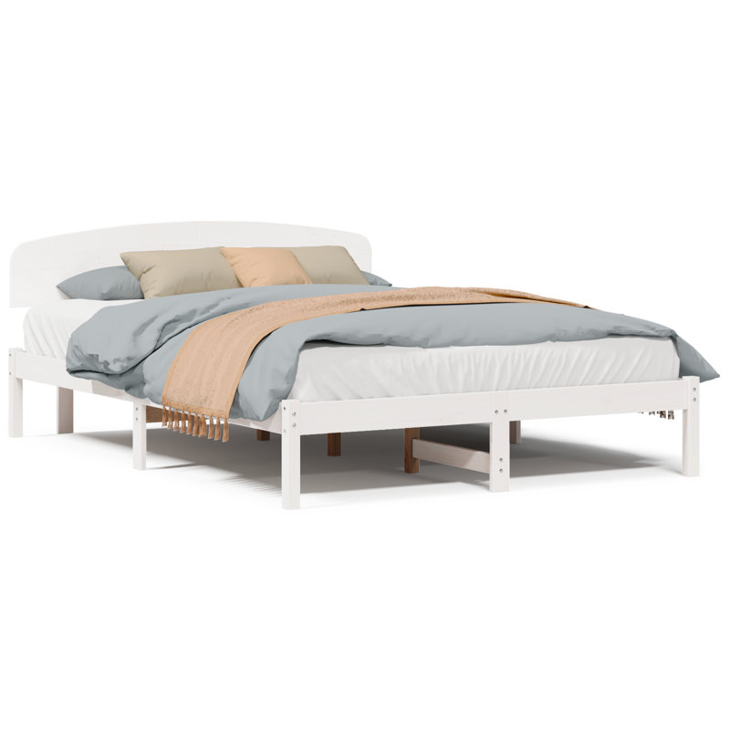 Vidaxl Bed Frame With Headboard Solid Pine Wood, White, Kingsize (5')