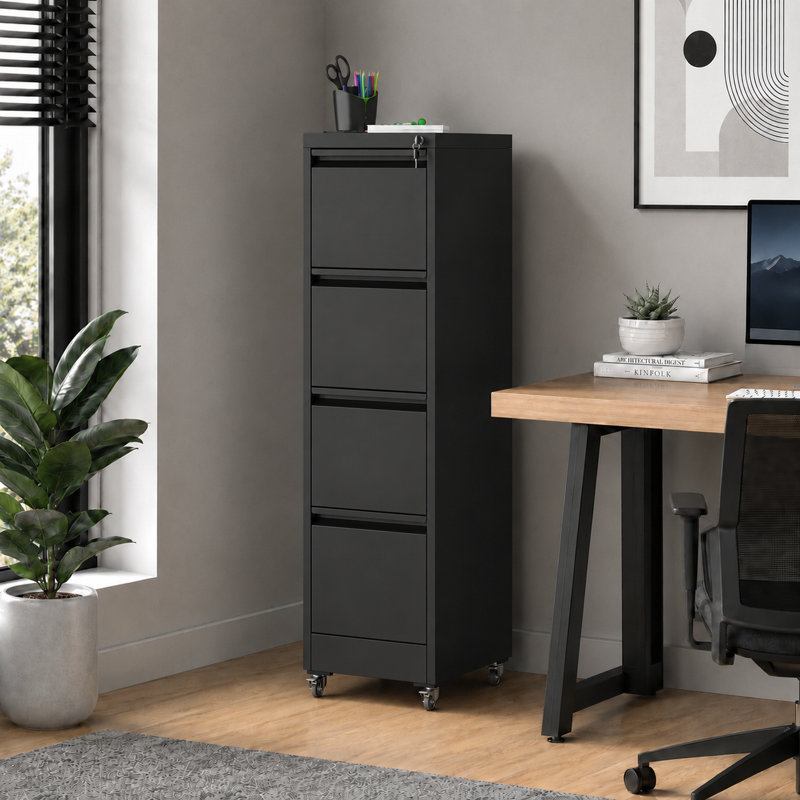 Classeur vertical en métal noir à 4 tiroirs avec serrure et roulettes, dossiers suspendus format lettre A4, tiroirs pleine extension pour bureau personnel