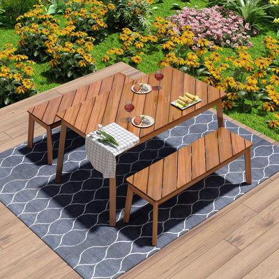 Natural 3 Pieces Acacia Wood Table Bench Dining Set, For Outdoor & Indoor Furniture With 2 Benches Picnic Beer Table For Patio Porch Garden Poolside