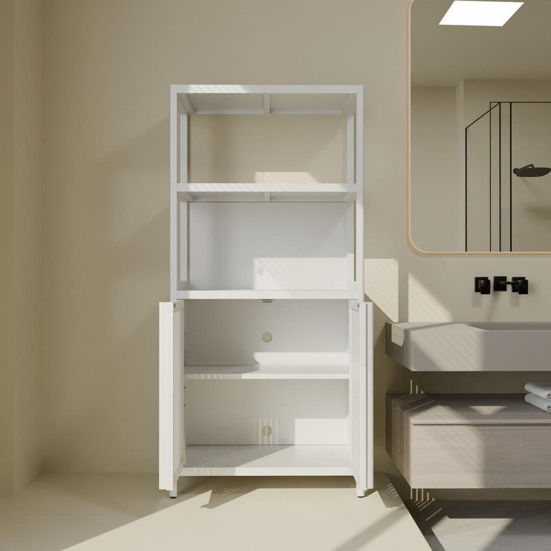 Armoire de rangement en bambou blanc avec 2 portes et tablette ouverte, armoire de plancher étroite pour salle de bain et vestibule, L 29 po