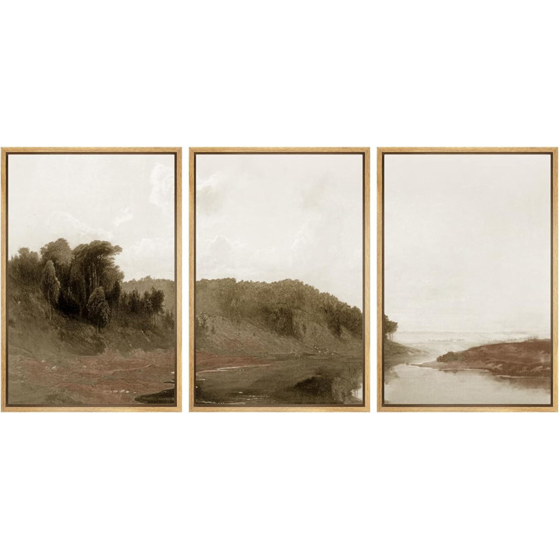 Rustic Countryside " Dark Green Forest Hill With Lake " 3 - Pieces, 24" H x 48" W x 1.5" D, Natural