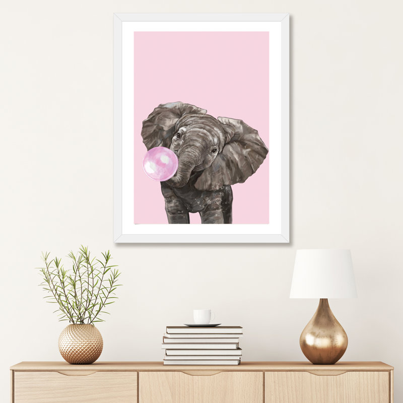 Art d’éléphant de gomme à bulles, H 32 po x l 24 po x P 1 po, Papier avec cadre blanc