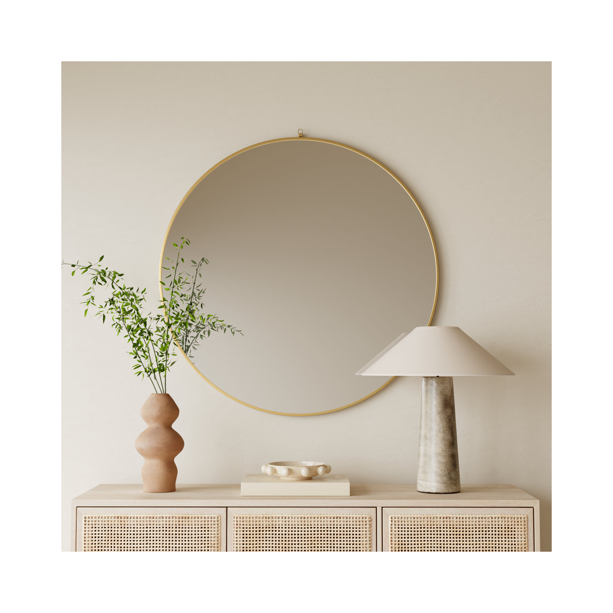 Cassie Metal/Manufactured Wood Round Wall Mirror, Brass, 42" x 42"