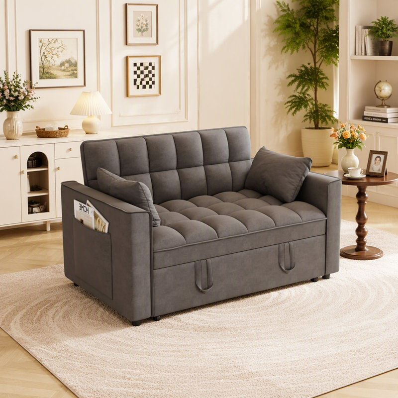 Sleeper Sofa Couch W/Pull Out Bed,  Modern Velvet Convertible Sleeper Sofa Bed, Small Love Seat Sofa Bed W/Pillows & Side Pockets For Small Space, Living Room, Apartment,Dark Gray