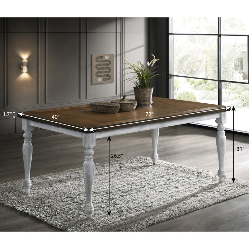 Table de salle à manger deux tons rustique avec pieds tournés en bois massif, base blanche et plateau de table au fini chêne vieilli, placage en bois d'hévéa, l 72 po x P 40 po x H 31 po, épaisseur du plateau de la table 1,7 po, pied requis