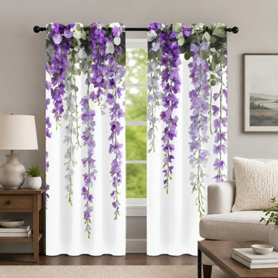 2Pcs Purple Wisteria Flower Pattern Curtains, Romantic Floral Style Curtain, Elegant Botanical Print Grommet Drapes, Window Treatment for Bedroom Living Room Decor