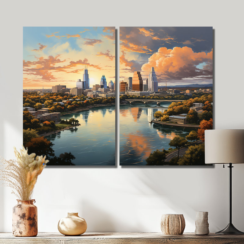 Austin City Cityscape IV - décoration murale orange 2 panneaux, 36" H x 48" W, Wrapped Canvas, Does Not Apply