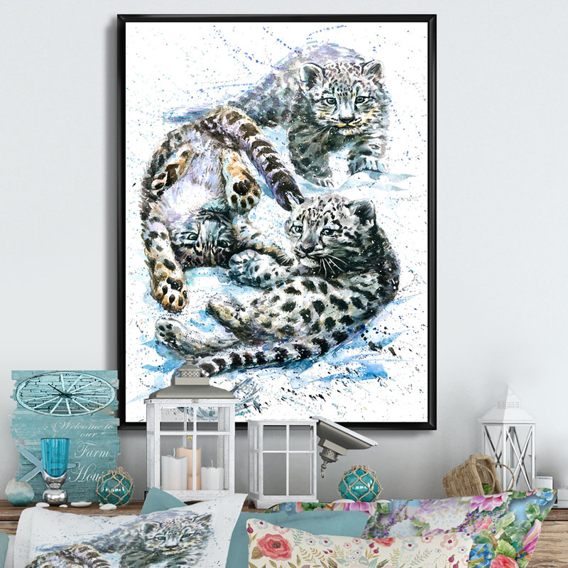 Petits léopards des neiges - Peinture, H 12 po x l 8 po x P 1 po, Cadre flottant noir