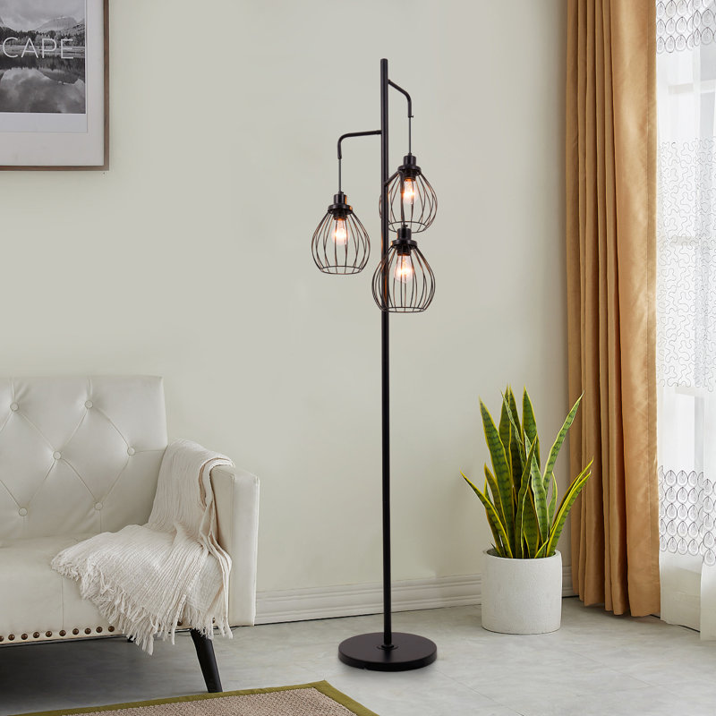 Lampe sur pied à 3 lumières avec cage à oiseaux à intensité variable 71 po, lampe sur pied en fer forgé noir avec interrupteur au pied pour le salon, la chambre à coucher